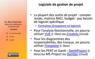  Les méthodes agiles
 Conseils
 Logiciels
Maître de conférences
à Centrale Lille
Dr. Rémi Bachelet
Conclusion
Logiciels de gestion de projet
• La plupart des outils de projet : compte-
rendu, matrice RACI, budget : pas besoin
de logiciel spécifique
– Formation Groupware et logiciels
• Pour l’analyse fonctionnelle, on pourra
utiliser VUE (l. libre) ou Creately (cloud)
• Pour les diagrammes des
responsabilités, des travaux, on pourra
utiliser Freeplane (l. libre)
• Pour les PERT et Gantt : GanttProject (l.
libre) ou MS Project ou Gantter (cloud)

72
 