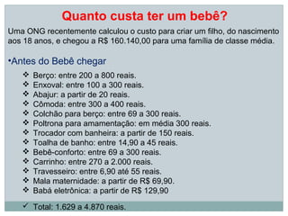 Quanto custa ter um bebê?
Uma ONG recentemente calculou o custo para criar um filho, do nascimento
aos 18 anos, e chegou a R$ 160.140,00 para uma família de classe média.

•Antes do Bebê chegar
      Berço: entre 200 a 800 reais.
      Enxoval: entre 100 a 300 reais.
      Abajur: a partir de 20 reais.
      Cômoda: entre 300 a 400 reais.
      Colchão para berço: entre 69 a 300 reais.
      Poltrona para amamentação: em média 300 reais.
      Trocador com banheira: a partir de 150 reais.
      Toalha de banho: entre 14,90 a 45 reais.
      Bebê-conforto: entre 69 a 300 reais.
      Carrinho: entre 270 a 2.000 reais.
      Travesseiro: entre 6,90 até 55 reais.
      Mala maternidade: a partir de R$ 69,90.
      Babá eletrônica: a partir de R$ 129,90
    Total: 1.629 a 4.870 reais.
 