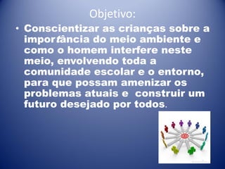 Objetivo:

• Conscientizar as crianças sobre a
importância do meio ambiente e
como o homem interfere neste
meio, envolvendo toda a
comunidade escolar e o entorno,
para que possam amenizar os
problemas atuais e construir um
futuro desejado por todos.

 