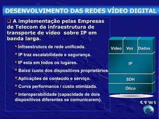 DESENVOLVIMENTO DAS REDES VÍDEO DIGITAL
 A implementação pelas Empresas
de Telecom da infraestrutura de
transporte de vídeo sobre IP em
banda larga.
  • Infraestrutura de rede unificada.             Vídeo   Voz     Dados
  • IP traz escalabilidade e segurança.
  • IP esta em todos os lugares.                           IP
  • Baixo custo dos dispositivos proprietários.
  • Aplicações de conteúdo e serviço.                     SDH
  • Curva performance / custo otimizada.                  Ótico
  • Interoperabilidade (capacidade de dois
  dispositivos diferentes se comunicarem).
 