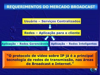 REQUERIMENTOS DO MERCADO BROADCAST


              Usuário – Serviços Centralizados


              Redes – Aplicação para o cliente


Aplicação – Redes Gerenciáveis   Aplicação – Redes Inteligentes



   “O protocolo de vídeo sobre IP já é a principal
   tecnologia de redes de transmissão, nas áreas
             de Broadcast e Internet.”
 