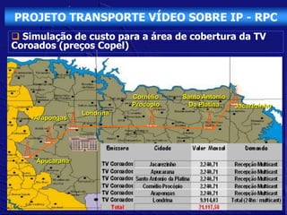 PROJETO TRANSPORTE VÍDEO SOBRE IP - RPC
 Simulação de custo para a área de cobertura da TV
Coroados (preços Copel)




                            Cornélio   Santo Antonio
                            Procópio     Da Platina    Jacarézinho
                 Londrina
    Arapongas




     Apucarana
 