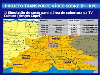 PROJETO TRANSPORTE VÍDEO SOBRE IP - RPC
 Simulação de custo para a área de cobertura da TV
Cultura (preços Copel)




                           Maringá




           Campo
           Mourão
                                     Ivaiporã
     Mamboré
 