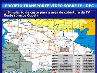PROJETO TRANSPORTE VÍDEO SOBRE IP - RPC
 Simulação de custo para a área de cobertura da TV
Oeste (preços Copel)
 
