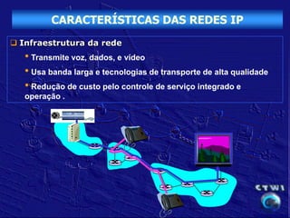CARACTERÍSTICAS DAS REDES IP
 Infraestrutura da rede
   • Transmite voz, dados, e vídeo
   • Usa banda larga e tecnologias de transporte de alta qualidade
   • Redução de custo pelo controle de serviço integrado e
   operação .
 