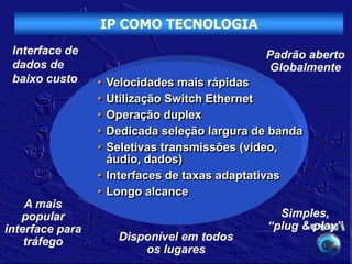 IP COMO TECNOLOGIA
 Interface de                                Padrão aberto
 dados de                                    Globalmente
 baixo custo     • Velocidades mais rápidas
                 • Utilização Switch Ethernet
                 • Operação duplex
                 • Dedicada seleção largura de banda
                 • Seletivas transmissões (vídeo,
                   áudio, dados)
                 • Interfaces de taxas adaptativas
                 • Longo alcance
    A mais
   popular                                      Simples,
interface para                                “plug & play”
    tráfego          Disponível em todos
                         os lugares
 