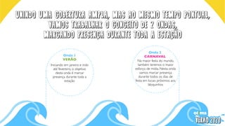 Unindo uma cobertura ampla, mas ao mesmo tempo pontual,
vamos trabalhar o conceito de 2 ondas,
marcando presenca durante toda a estacao
Iniciando em janeiro e indo
até fevereiro, o objetivo
desta onda é marcar
presença durante toda a
estação
Onda 1
VERÃO Na maior festa do mundo,
também teremos o maior
esforço de mídia. Nesta onda
vamos marcar presença
durante todos os dias de
festa em locais próximos aos
bloquinhos
Onda 2
CARNAVAL
 