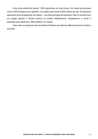 Uma única andorinha devora 1.000 cigarrinhas em doze horas. Um casal de pica-paus
come 5.000 formigas como aperitivo. Um sabiá pode comer 6.000 insetos por dia. Os pássaros
alimentam-se principalmente de insetos – sua fonte principal de proteínas. Eles se transformam
em pragas quando o homem elimina os insetos artificialmente, obrigando-os a comer a
plantação para sobreviver. Mas preferem os insetos.
Para atrair os pássaros deve-se plantar frutíferas de espécies diferentes para ter frutas o
ano todo.
PROJETO VIDA NO CAMPO - A VIDA EM HARMONIA COM A NATUREZA 117
 