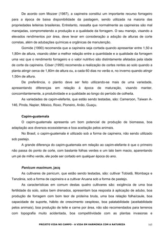 De acordo com Mozzer (1987), a capineira constitui um importante recurso forrageiro
para a época de baixa disponibilidade da pastagem, sendo utilizada na maioria das
propriedades leiteiras brasileiras. Entretanto, ressalta que normalmente as capineiras são mal
manejadas, comprometendo a produção e a qualidade da forragem. O seu manejo, visando a
elevados rendimentos por área, deve levar em consideração a adoção de alturas de corte
corretas, além de adubações químicas e orgânicas de manutenção.
Gomide (1990) recomenda que a capineira seja cortada quando apresentar entre 1,50 e
1,80m de altura, visando obter a melhor relação entre a quantidade e a qualidade da forragem
uma vez que o rendimento forrageiro e o valor nutritivo são distintamente afetados pela idade
de corte da capineira. Cóser (1995) recomenda a realização de cortes rentes ao solo quando a
planta atingir cerca de 1,80m de altura ou, a cada 60 dias no verão e, no inverno quando atingir
1,50m de altura.
De preferência, o plantio deve ser feito utilizando-se mais de uma variedade,
apresentando diferenças em relação à época de maturação, visando manter,
concomitantemente, a produtividade e a qualidade ao longo do período de colheita.
As variedades de capim-elefante, que estão sendo testadas, são: Cameroon, Taiwan A-
146, Pinda, Napier, México, Roxo, Pioneiro, Anão, Guaçu.
Capim-guatemala
O capim-guatemala apresenta um bom potencial de produção de biomassa, boa
adaptação aos diversos ecossistemas e boa aceitação pelos animais.
No Brasil, o capim-guatemala é utilizado sob a forma de capineira, não sendo utilizado
sob pastejo.
A grande diferença do capim-guatemala em relação ao capim-elefante é que o primeiro
não passa do ponto de corte, com bastante folhas verdes e um talo bem macio, aparentando
um pé de milho verde, ele pode ser cortado em qualquer época do ano.
Panicum maximum, jacq
As cultivares de panicum, que estão sendo testadas, são: cultivar Tobiatã, Mombaça e
Tanzânia, sob a forma de capineira e a cultivar Aruana sob a forma de pastejo.
As características em comum destas quatro cultivares são: exigência de uma boa
fertilidade do solo, solos bem drenados, apresentam boa resposta à aplicação de adubo, boa
produção de forragem com bom teor de proteína bruta, uma boa relação folha/caule, boa
capacidade de suporte, hábito de crescimento cespitoso, boa palatabilidade (aceitabilidade
pelos animais), boa produção de leite e carne por área, não são recomendados para terrenos
com topografia muito acidentada, boa competitividade com as plantas invasoras e
PROJETO VIDA NO CAMPO - A VIDA EM HARMONIA COM A NATUREZA 165
 