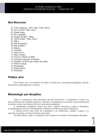 PROJETO INTERDISCIPLINAR - DESENVOLVIDO NA SEMANA DE 26 A 30/08/13 Ed. Prof. Gomes
Ed.Prof.Gomes
EE PEDRO MADÓGLIO, PROF.
PROJETO INTERDISCIPLINAR – “VIDAS SECAS”
Página4
Dos Recursos:
01. Textos impressos, sobre a obra “Vidas Secas”;
02. Livro da obra “Vidas secas”;
03. Quadro negro;
04. Giz e apagador;
05. Projetor de slides e filmes;
06. DVD do filme “Vidas Secas”
07. Slides;
08. Sala de projeção;
09. Sala de leitura;
10. Banners;
11. Cartolinas;
12. Lápis de cor;
13. Pincel atômico;
14. CD com a Música do filme;
15. Varal para exposição de banners;
16. Utensílios da época para criação do cenário;
17. Roteiro de peça;
18. Personagens;
19. Roupas típicas;
20. Palco/pátio.
Público alvo:
Esse projeto visa o envolvimento de todos os Professores, coordenação pedagógica, direção,
funcionários e principalmente os alunos.
Metodologia por disciplina:
Todas os responsáveis pelas disciplinas deverão desenvolver e acompanhar os alunos, no
desenvolvimento dos trabalhos propostos, seguindo o cronograma da construção e apresentação final
do projeto, sendo como atuante direto ou como apoio pedagógico;
A coordenação pedagógica deverá dar todo o suporte necessário a todas as disciplinas,
acompanhando o processo e intermediando: Professores-Professores-alunos-Professores;
A direção deverá estar ciente do cronograma e na colaboração, sedendo o espaço e os
materiais necessários ao desenvolvimento do projeto.
Na tabela abaixo, segue o cronograma, com o respectivo conteúdo e estratégia por disciplina:
 