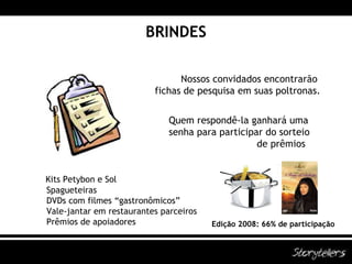 BRINDES Nossos convidados encontrarão  fichas de pesquisa em suas poltronas. Quem respondê-la ganhará uma  senha para participar do sorteio    de prêmios Kits Petybon e Sol Spagueteiras DVDs com filmes “gastronômicos” Vale-jantar em restaurantes parceiros Prêmios de apoiadores Edição 2008: 66% de participação 