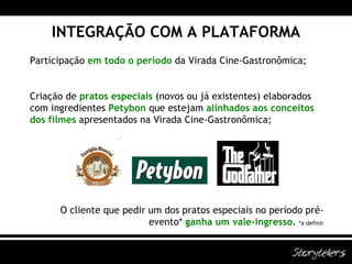 INTEGRAÇÃO COM A PLATAFORMA Participação  em todo o período   da Virada Cine-Gastronômica; Criação de  pratos especiais  (novos ou já existentes) elaborados com ingredientes  Petybon  que estejam   alinhados aos conceitos dos filmes   apresentados na Virada Cine-Gastronômica; O cliente que pedir um dos pratos especiais no período pré-evento*  ganha um vale-ingresso .  *a definir 