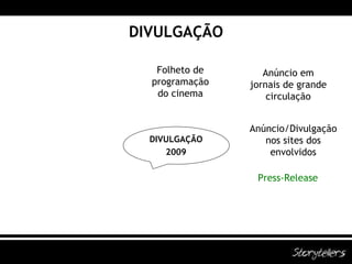 DIVULGAÇÃO DIVULGAÇÃO 2009 Anúncio/Divulgação nos sites dos envolvidos Folheto de programação do cinema Anúncio em jornais de grande circulação Press-Release 