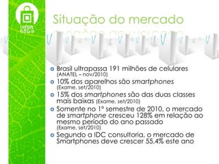 Situação do mercado


   Brasil ultrapassa 191 milhões de celulares
    (ANATEL – nov/2010)
   10% dos aparelhos são smartphones
    (Exame, set/2010)
   15% dos smartphones são das duas classes
    mais baixas (Exame, set/2010)
   Somente no 1º semestre de 2010, o mercado
    de smartphone cresceu 128% em relação ao
    mesmo período do ano passado
    (Exame, set/2010)
   Segundo a IDC consultoria, o mercado de
    Smartphones deve crescer 55,4% este ano
 