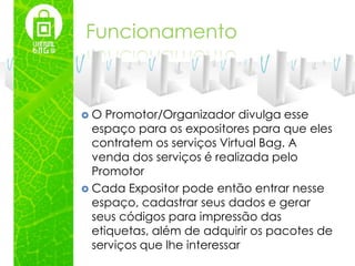 Funcionamento



O   Promotor/Organizador divulga esse
  espaço para os expositores para que eles
  contratem os serviços Virtual Bag. A
  venda dos serviços é realizada pelo
  Promotor
 Cada Expositor pode então entrar nesse
  espaço, cadastrar seus dados e gerar
  seus códigos para impressão das
  etiquetas, além de adquirir os pacotes de
  serviços que lhe interessar
 