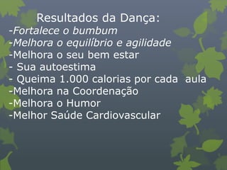 Resultados da Dança:
-Fortalece o bumbum
-Melhora o equilíbrio e agilidade
-Melhora o seu bem estar
- Sua autoestima
- Queima 1.000 calorias por cada aula
-Melhora na Coordenação
-Melhora o Humor
-Melhor Saúde Cardiovascular
 