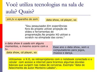 Você utiliza tecnologias na sala de
aula? Quais?
16
sim,tv e aparelho de som
"Sou pesquisador.Em experiências
fora do projeto utilizei projeção de
slides e ferramentas de
programação.No projeto XO utilizei o
scratch na olimpíada das cores."
o data show é usado em alguns
momentos, o mesmo ocorre com a
tv.
data show, cd player, xo
data show, cd player, xo
Utilizamos o X.O, os retroprojetores com o notebook conectado e o
celular com acesso a internet para tirarmos algumas dúvidas
básicas que surgem nas rodas de conversa. Exemplo "data de
falecimento do autor Monteiro Lobato".
Esse ano o data show, som e
computadores para jogos,
música e dança.
 