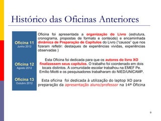 Histórico das Oficinas Anteriores
9
Oficina 11
Junho 2012
Oficina foi apresentada a organização do Livro (estrutura,
cronograma, propostas de formato e conteúdo) e encaminhada
dinâmica de Preparação de Capítulos do Livro (“causos” que nos
fizeram refletir: destaques de experiências vividas, experiências
observadas )
Oficina 12
Agosto 2012
Esta Oficina foi dedicada para que os autores do livro XO
finalizassem seus capítulos. O trabalho foi coordenado em dois
locais distintos. A comunidade escolar trabalhou na EMEF Pe.
Emílio Miotti e os pesquisadores trabalharam do NIED/UNICAMP.
Oficina 13
Outubro 2012
Esta oficina foi dedicada à utilização do laptop XO para
preparação da apresentação aluno/professor na 14ª Oficina
 