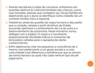 





Através das leituras e rodas de conversas, entraremos em
questões relativas às vivências familiares das crianças, como
suas moradias, pessoas que compõem seu círculo familiar etc.
objetivando que o aluno se identifique como cidadão de um
contexto familiar único e especial.
Trataremos ainda da questão do corpo humano e das partes
que o compõe, sempre a partir da leitura de Ziraldo,
buscando aprimorar o conhecimento de si e do outro e o
desenvolvimento da autonomia. Nesse momento vamos
dialogar com o projeto: O corpo e o movimento,
proporcionando atividades lúdicas e momentos de
brincadeira voltadas para a apropriação destes
conhecimentos.
Enfim objetivamos criar nos pequenos a consciência de si
mesmo com pertencente a um grupo escolar e a uma
comunidade com diferenças e semelhanças que se somam
de forma natural e as quais não cabe nenhum tipo de pré
julgamento.

 