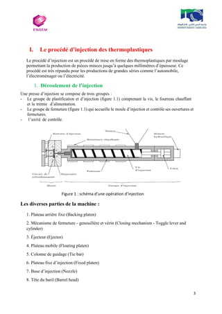 3
I. Le procédé d’injection des thermoplastiques
Le procédé d’injection est un procédé de mise en forme des thermoplastiques par moulage
permettant la production de pièces minces jusqu’à quelques millimètres d’épaisseur. Ce
procédé est très répandu pour les productions de grandes séries comme l’automobile,
l’électroménager ou l’électricité.
1. Déroulement de l’injection
Une presse d’injection se compose de trois groupes :
- Le groupe de plastification et d’injection (figure 1.1) comprenant la vis, le fourreau chauffant
et la trémie d’alimentation.
- Le groupe de fermeture (figure 1.1) qui accueille le moule d’injection et contrôle ses ouvertures et
fermetures.
- l’unité de contrôle.
Figure 1 : schéma d’une opération d’injection
Les diverses parties de la machine :
1. Plateau arrière fixe (Backing platen)
2. Mécanisme de fermeture - genouillère et vérin (Closing mechanism - Toggle lever and
cylinder)
3. Éjecteur (Ejector)
4. Plateau mobile (Floating platen)
5. Colonne de guidage (Tie bar)
6. Plateau fixe d’injection (Fixed platen)
7. Buse d’injection (Nozzle)
8. Tête du baril (Barrel head)
 