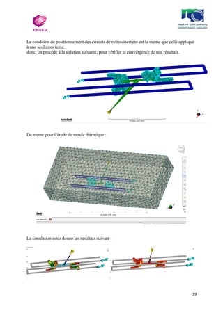 39
La condition de positionnement des circuits de refroidisement est la meme que celle appliqué
à une seul empriente.
donc, on procéde à la solution suivante, pour vérifier la convergence de nos résultats.
De meme pour l’étude de moule thérmique :
La simulation nous donne les resultats suivant :
 
