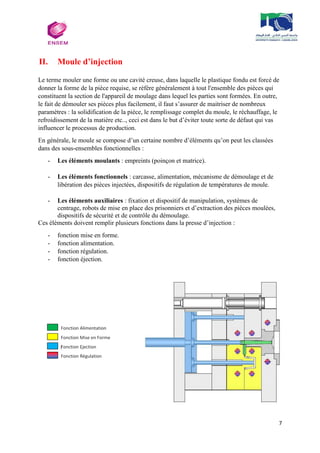 7
II. Moule d’injection
Le terme mouler une forme ou une cavité creuse, dans laquelle le plastique fondu est forcé de
donner la forme de la pièce requise, se réfère généralement à tout l'ensemble des pièces qui
constituent la section de l'appareil de moulage dans lequel les parties sont formées. En outre,
le fait de démouler ses pièces plus facilement, il faut s’assurer de maitriser de nombreux
paramètres : la solidification de la pièce, le remplissage complet du moule, le réchauffage, le
refroidissement de la matière etc.., ceci est dans le but d’éviter toute sorte de défaut qui vas
influencer le processus de production.
En générale, le moule se compose d’un certaine nombre d’éléments qu’on peut les classées
dans des sous-ensembles fonctionnelles :
- Les éléments moulants : empreints (poinçon et matrice).
- Les éléments fonctionnels : carcasse, alimentation, mécanisme de démoulage et de
libération des pièces injectées, dispositifs de régulation de températures de moule.
- Les éléments auxiliaires : fixation et dispositif de manipulation, systèmes de
centrage, robots de mise en place des prisonniers et d’extraction des pièces moulées,
dispositifs de sécurité et de contrôle du démoulage.
Ces éléments doivent remplir plusieurs fonctions dans la presse d’injection :
- fonction mise en forme.
- fonction alimentation.
- fonction régulation.
- fonction éjection.
 