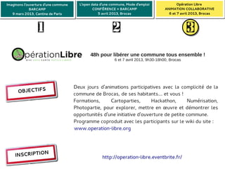 Imaginons l'ouverture d'une commune
 Imaginons l'ouverture d'une commune     L'open data d'une commune, Mode d'emploi
                                         L'open data d'une commune, Mode d'emploi              Opération Libre 
                                                                                               Opération Libre 
              BARCAMP
              BARCAMP                            CONFÉRENCE + BARCAMP
                                                 CONFÉRENCE + BARCAMP                   ANIMATION COLLABORATIVE
                                                                                        ANIMATION COLLABORATIVE
    9 mars 2013, Cantine de Paris
    9 mars 2013, Cantine de Paris                   5 avril 2013, Brocas
                                                    5 avril 2013, Brocas                  6 et 7 avril 2013, Brocas
                                                                                          6 et 7 avril 2013, Brocas


                  1                                        2                                        3


                                               48h pour libérer une commune tous ensemble !
                                                            6 et 7 avril 2013, 9h30-18h00, Brocas




                                       Deux jours d'animations participatives avec la complicité de la
      OBJECTIFS                        commune de Brocas, de ses habitants... et vous !
                                       Formations,     Cartoparties,       Hackathon,      Numérisation,
                                       Photopartie, pour explorer, mettre en œuvre et démontrer les
                                       opportunités d'une initiative d'ouverture de petite commune.
                                       Programme coproduit avec les participants sur le wiki du site :
                                       www.operation-libre.org



                N
     INSCRIPTIO                                      http://operation-libre.eventbrite.fr/
 