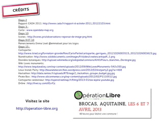 CRÉDITS

  Diapo 2
  Rapport CADA 2011: http://www.cada.fr/rapport-d-activite-2011,20122103.html
  Diapo 3 :
  Carte : www.opendata-map.org
  Diapo 10
  Icones : http://icones.pro/observations-reponse-de-image-png.html
  Diapo 9 ET 10
  Remerciements Emma Livet @emmalivet pour les logos
  Diapo 15 :
  Cartopartie :
  http://www.tiriad.org/formation-gironde/files/CartoPartie/cartopartie_garrigues_20121026003515_20121026003623.jpg
  Numérisation: http://www.soliddocuments.com/images/fr/slides/createscantopdf_1.png
  Données botaniques: http://upload.wikimedia.org/wikipedia/commons/4/43/Fleurs_blanches_Dordogne.jpg
  Wiki Loves monuments:
  http://www.tequilavalley.com/wp-content/uploads/2012/09/WikiLovesMonuments-542x350.jpg
  Linux Install Party: http://bounatelecom.files.wordpress.com/2012/02/instparty2.jpg?w=468
  Hackathon: http://data.nantes.fr/uploads/RTEmagicC_hackathon_groupe_budget.jpg.jpg
  Pirate Box : http://www.siliconmaniacs.org/wp-content/uploads/2012/02/P1110512.jpg
  Cartopartie randonneur: http://openstreetmap.fr/f/img/2013-01/via-alpina-youtube.jpg
  Drône : http://twicsy.com/i/EzrFjc




       Visitez le site

 http://operation-libre.org
 