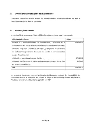 Page 88 of 88
Dimensions verte et digitale de la composante
La présente composante n'inclut a priori pas d’investissements, ni des réformes en lien avec la
transition numérique et verte de l'économie.
Coûts et financements
Le coût total de la composante s’établi à 2,78 millions d’euros et s’est réparti comme suit :
Initiatives de la réforme Coûts
Initiative 2 : Approfondissement de l’identification, l’évaluation et la
compréhension des risques de blanchiment de capitaux et de financement du
terrorisme auxquels le Luxembourg est exposé, y compris les risques relatifs
aux professionnels prestataires de services aux sociétés et aux fiducies et de
services d’investissement
2 074 742 €
Initiative 3 : « Luxembourg Business Register » 671 500 €
Initiative 4 : Renforcement du régime applicable aux prestataires des services
aux sociétés et aux fiducies
50 000 €
Total 2 796 242 €
Les besoins de financement couvrent la réalisation de l’Evaluation nationale des risques 2020, des
Evaluations verticale et sectorielle des risques, le projet du « Luxembourg Business Register » et
l’étude sur le renforcement du régime applicable aux PSSF.
 