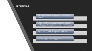 Introduction
3 à 4 millions de nouveaux cas chaque
année
Virus à ARN: un des principaux agents
pathogènes humains transmis par le sang
Infection:Peu de symptômes visibles
Forme aigüe peut s'aggraver
 
