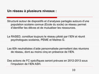 Un réseau à plusieurs niveaux :


Structuré autour de dispositifs et d’analyses partagés autours d’une
   population scolaire connue (Ecole du socle) ce réseau permet
   d’identifier les élèves et de mutualiser les ressources.


Le RASED, constitue toujours le réseau piloté par l’IEN et réunit
   psychologues scolaires, PEME et Maitres G.


Les 60h neutralisées d’aide personnalisée permettent des réunions
  de réseau, dont au moins cinq en présence de l’IEN.


Des actions de FC spécifiques seront prévues en 2012-2013 sous
  l’impulsion de l’IEN ASH.

                                                      10
 