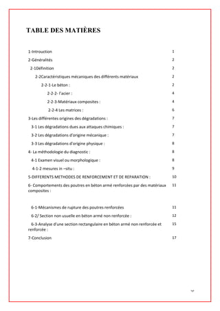 TABLE DES MATIÈRES
1-Introuction 1
2-Généralités 2
2-1Définition 2
2-2Caractéristiques mécaniques des différents matériaux 2
2-2-1-Le béton : 2
2-2-2- l’acier : 4
2-2-3-Matériaux composites : 4
2-2-4 Les matrices : 6
3-Les différentes origines des dégradations : 7
3-1 Les dégradations dues aux attaques chimiques : 7
3-2 Les dégradations d'origine mécanique : 7
3-3 Les dégradations d'origine physique : 8
4- La méthodologie du diagnostic : 8
4-1 Examen visuel ou morphologique : 8
4-1-2 mesures in –situ : 9
5-DIFFERENTS METHODES DE RENFORCEMENT ET DE REPARATION : 10
6- Comportements des poutres en béton armé renforcées par des matériaux
composites :
11
6-1-Mécanismes de rupture des poutres renforcées 11
6-2/ Section non usuelle en béton armé non renforcée : 12
6-3-Analyse d'une section rectangulaire en béton armé non renforcée et
renforcée :
15
7-Conclusion 17
‫ب‬
 