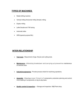 TYPES OF MACHINES


Radial drilling machine



Vertical milling Horizontal milling Simplex milling



Duplex milling



Lathe Double end T/W boring



Automatic lathe



SPM (special purpose M/c)

INTER-RELATIONSHIP


Tool room - Requirement of jigs, fixtures and cutting tools.



Maintenance – A t t e n d i n g b r e a k d o w n a n d c a r r y i n g o u t p r e v e n t i v e maintenance
of machine tools.



Industrial engineering - Provide process charts for machining operations.



Assembly - Ensuring p r o p e r f i t m e n t o f components, production planning and control,
micro loading of components on day-to-day basis.



Quality control & inspection — Storage and inspection. R&D Paint shop.

 