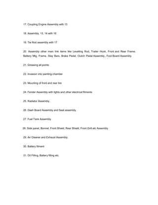 17. Coupling Engine Assembly with 13

18. Assembly. 13, 14 with 16

19. Tie Rod assembly with 17

20. Assembly other main link items like Levelling Rod, Trailer Hook, Front and Rear Frame,
Battery Mtg. Frame, Stay Bars, Brake Pedal, Clutch Pedal Assembly., Foot Board Assembly.

21. Greasing all points

22. Invasion into painting chamber

23. Mounting of front and rear tire

24. Fender Assembly with lights and other electrical fitments

25. Radiator Assembly.

26. Dash Board Assembly and Seat assembly.

27. Fuel Tank Assembly.

28. Side panel, Bonnet, Front Shield, Rear Shield, Front Grill etc Assembly.

29. Air Cleaner and Exhaust Assembly.

30. Battery fitment

31. Oil Filling, Battery filling etc.

 