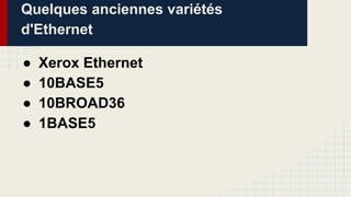 Quelques anciennes variétés
d'Ethernet
● Xerox Ethernet
● 10BASE5
● 10BROAD36
● 1BASE5
 