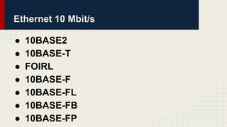 Ethernet 10 Mbit/s
● 10BASE2
● 10BASE-T
● FOIRL
● 10BASE-F
● 10BASE-FL
● 10BASE-FB
● 10BASE-FP
 