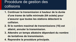 Procédure de gestion des
collisions
1. Continuer la transmission à hauteur de la durée
d'une trame de taille minimale (64 octets) pour
s'assurer que toutes les stations détectent la
collision.
2. Si le nombre maximal de transmissions (16) est
atteint, annuler la transmission.
3. Attendre un temps aléatoire dépendant du nombre
de tentatives de transmission.
4. Reprendre la procédure principale.
 
