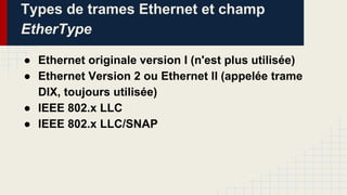Types de trames Ethernet et champ
EtherType
● Ethernet originale version I (n'est plus utilisée)
● Ethernet Version 2 ou Ethernet II (appelée trame
DIX, toujours utilisée)
● IEEE 802.x LLC
● IEEE 802.x LLC/SNAP
 