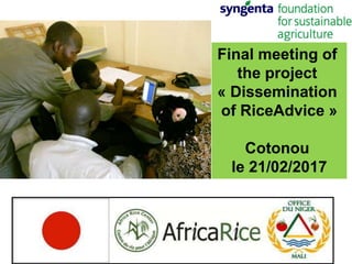 Final meeting of
the project
« Dissemination
of RiceAdvice »
Cotonou
le 21/02/2017
 
