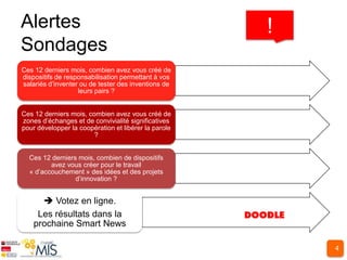 Alertes                                               !
Sondages
Ces 12 derniers mois, combien avez vous créé de
dispositifs de responsabilisation permettant à vos
salariés d’inventer ou de tester des inventions de
                   leurs pairs ?


Ces 12 derniers mois, combien avez vous créé de
zones d’échanges et de convivialité significatives
pour développer la coopération et libérer la parole
                        ?


  Ces 12 derniers mois, combien de dispositifs
         avez vous créer pour le travail
  « d’accouchement » des idées et des projets
                 d’innovation ?


       Votez en ligne.
     Les résultats dans la
    prochaine Smart News

                                                          4
 