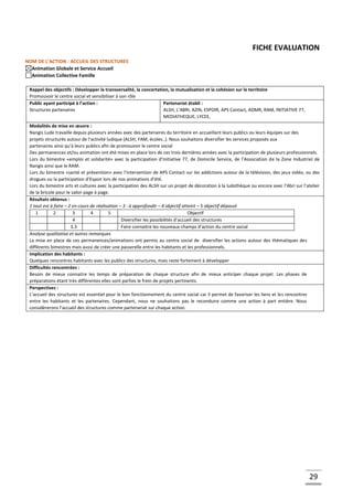 29
FICHE EVALUATION
NOM DE L’ACTION : ACCUEIL DES STRUCTURES
Animation Globale et Service Accueil
Animation Collective Famille
Rappel des objectifs : Développer la transversalité, la concertation, la mutualisation et la cohésion sur le territoire
Promouvoir le centre social et sensibiliser à son rôle
Public ayant participé à l’action :
Structures partenaires
Partenariat établi :
ALSH, L’ABRI, AZIN, ESPOIR, APS Contact, ADMR, RAM, INITIATIVE 77,
MEDIATHEQUE, LYCEE,
Modalités de mise en œuvre :
Nangis Lude travaille depuis plusieurs années avec des partenaires du territoire en accueillant leurs publics ou leurs équipes sur des
projets structurés autour de l’activité ludique (ALSH, FAM, écoles..). Nous souhaitons diversifier les services proposés aux
partenaires ainsi qu’à leurs publics afin de promouvoir le centre social
Des permanences et/ou animation ont été mises en place lors de ces trois dernières années avec la participation de plusieurs professionnels.
Lors du bimestre «emploi et solidarité» avec la participation d’Initiative 77, de Domicile Service, de l’Association de la Zone Industriel de
Nangis ainsi que le RAM.
Lors du bimestre «santé et prévention» avec l’intervention de APS Contact sur les addictions autour de la télévision, des jeux vidéo, ou des
drogues ou la participation d’Espoir lors de nos animations d’été.
Lors du bimestre arts et cultures avec la participation des ALSH sur un projet de décoration à la ludothèque ou encore avec l’Abri sur l’atelier
de la bricole pour le salon page à page.
Résultats obtenus :
1 tout est à faire – 2 en cours de réalisation – 3 : à approfondir – 4 objectif atteint – 5 objectif dépassé
1 2 3 4 5 Objectif
4 Diversifier les possibilités d’accueil des structures
3.3 Faire connaitre les nouveaux champs d’action du centre social
Analyse qualitative et autres remarques
La mise en place de ces permanences/animations ont permis au centre social de diversifier les actions autour des thématiques des
différents bimestres mais aussi de créer une passerelle entre les habitants et les professionnels.
Implication des habitants :
Quelques rencontres habitants avec les publics des structures, mais reste fortement à développer
Difficultés rencontrées :
Besoin de mieux connaitre les temps de préparation de chaque structure afin de mieux anticiper chaque projet. Les phases de
préparations étant très différentes elles sont parfois le frein de projets pertinents.
Perspectives :
L’accueil des structures est essentiel pour le bon fonctionnement du centre social car il permet de favoriser les liens et les rencontres
entre les habitants et les partenaires. Cependant, nous ne souhaitons pas le reconduire comme une action à part entière. Nous
considèrerons l’accueil des structures comme partenariat sur chaque action.
 