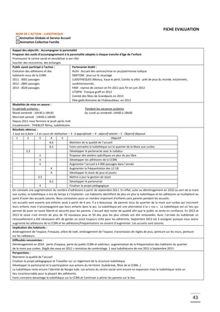 43
FICHE EVALUATION
NOM DE L’ACTION : LUDOTHEQUE
Animation Globale et Service Accueil
Animation Collective Famille
Rappel des objectifs : Accompagner la parentalité
Proposer des outils d’accompagnement à la parentalité adaptés à chaque tranche d’âge de l’enfant
Promouvoir le centre social et sensibiliser à son rôle
Susciter des rencontres, des échanges
Public ayant participé à l’action :
Evolution des adhésions et des
habitants issus de la CCBN.
2011 : 3001 passages
2012 : 2865 passages
2013 : 3020 passages
Partenariat établi :
ALSH : Accueil des centres/mise en jeu/patrimoine ludique
SMETOM : jeux sur le recyclage
LUDOTHEQUES (Moissy, Vaux le pénil, Combs la ville) : prêt de jeux du monde, estaminets,
surdimensionnés.
FAM : reprise de contact en fin 2011 puis fin en juin 2012
UTOPIX : Fresque graff en 2012
Comité des fêtes de Grandpuits en 2013
Fête gallo-Romaine de Châteaubleau en 2013
Modalités de mise en œuvre :
En période scolaires : Pendant les vacances scolaires
Mardi vendredi : 16h30 à 18h30 Du Lundi au vendredi: 14h00 à 18h00
Mercredi samedi : 14h00 à 18h00
Depuis 2011 nous fermons le jeudi après midi
Encadrement : THIEBLOT Rémy, ludothécaire
Résultats obtenus :
1 tout est à faire – 2 en cours de réalisation – 3 : à approfondir – 4 : objectif atteint – 5 : Objectif dépassé
1 2 3 4 5 Objectif
4,6 Maintien de la qualité de l’accueil
4,5 Faire connaitre la ludothèque sur le quartier de la Mare aux curées
2,5 Développer le partenariat avec le ludobus
3 Proposer des ateliers spécifiques en plus du jeu libre
3 Développer les adhésions de la CCBN
3 Augmenter l’accueil à 4 000 passages dans l’année
4 Augmenter la fréquentation des 12-18
4 Développer le stock de jeux et jouets
3,5 Mettre à jour la gestion de stock
4,5 Développer le partenariat
3 Finaliser le projet pédagogique
On constate une augmentation du nombre d’adhésions à partir de septembre 2011. En effet, suite au déménagement en 2010 au sein de la mare
aux curées, la ludothèque a mis du temps à s’implanter. Les habitants identifient de plus en plus la ludothèque et les adhésions se multiplient au
point d’avoir des accueils saturés. Nous constatons aussi un nombre important d’enfants sans parents pendant les accueils.
Les accueils sont ouverts aux enfants seuls à partir de 6 ans. Il y a beaucoup de parents issus du quartier de la mare aux curées qui inscrivent
leurs enfants mais n’accompagnent pas leurs enfants dans le jeu. La ludothèque est une alternative à la « rue ». La ludothèque est un lieu qui
permet de jouer en toute liberté et sécurité pour les parents. L’accueil doit rester de qualité afin que le public se sente en confiance. En 2012 et
2013 le stock s’est enrichi de plus de 70 nouveaux jeux et 50 des jeux les plus utilisés ont été renouvelés. Avec l’arrivée du ludobreak un
renouvellement a été nécessaire afin de garder un stock toujours riche pour les adhérents. Septembre 2013 est à souligner puisque nous avons
augmenté les adhésions de la CCBN et les adhésions/fréquentations ne cessent d’augmenter. Les accueils sont saturés.
Implication des habitants :
Aménagement de l’espace, Fresques, arbre de noël, aménagement de l’espace, transmission de règles de jeux, peinture sur les murs, peinture
sur les radiateurs.
Difficultés rencontrées :
Déménagement en 2010 : perte d’espace, perte du public CCBN et extérieur, augmentation de la fréquentation des habitants du quartier
de la mare aux curées. Dégât des eaux en 2012 + tentative de cambriolage. 1 seul ludothécaire de mai 2011 à Septembre 2013
Perspectives :
Maintenir la qualité de l’accueil
Finaliser le projet pédagogique et Travailler sur un règlement de la structure ludothèque
Développer le partenariat et la participation aux actions du territoire. (ludobreak, fêtes de la CCBN…)
La ludothèque reste encore l’identité de Nangis lude. Les actions du centre social sont encore en expansion mais la ludothèque reste un
lieu incontournable pour la plupart des adhérents.
Faire connaitre davantage la ludothèque sur la CCBN et Continuer à attirer les parents sur le lieu
 