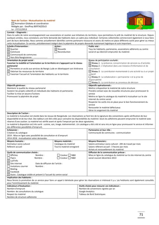 71
Nom de l’action : Mutualisation du matériel
Animation Globale et coordination
Rédigée par : Geoffrey BERTAZZOLO
Le : 27/11/2013
Constat – Diagnostic :
Dans le cadre de notre accompagnement aux associations et soutien aux initiatives du territoire, nous permettons le prêt du matériel de la structure. Depuis
quelques années, nous constatons une forte demande des habitants dans un cadre plus individuel. Certaines collectivités commencent également à nous faire
part de leurs demandes. Nous sommes actuellement identifiés comme partenaire ressource et avons dû mettre en place différents outils pour gérer au mieux
cette mutualisation. Ce service, précédemment intégré dans la pépinière de projets demande maintenant logistique et suivi important.
Echelle d’intervention :
Quartier
Commune
Communauté de communes
Hors Brie Nangissienne : ………………………
Action :
Nouvelle
Reconduction
Public visé :
Tous les habitants, partenaires, associations adhérents au centre
social et qui désirent emprunter du matériel.
Orientation du projet social :
Favoriser la mobilité et l’orientation sur le territoire en s’appuyant sur le réseau
partenarial
Permettre un accès aux services de Nangis Lude en développant son itinérance
Valoriser les ressources du territoire
Favoriser l’accueil et l’orientation des habitants sur le territoire
Niveau de participation souhaité :
Niveau 1 : La présence, consommation de services ou d’activités
Niveau 2 : L’implication dans une instance d’information et de
consultation
Niveau 3 : La contribution momentanée à une activité ou à un projet
collectif
Niveau 4 : La collaboration « permanente » et la prise de
responsabilité
Niveau 5 : La contribution au processus de décision
Objectifs généraux :
Maintenir la qualité du réseau partenarial
Soutenir les projets collectifs et individuels des habitants et partenaires
Faciliter la mise en œuvre d’actions
Promouvoir la pépinière de projet
Objectifs opérationnels :
Mettre à disposition le matériel de notre structure
Prendre contact avec de nouvelles structures pour promouvoir le
service
Mettre en ligne le catalogue du matériel à mutualiser sur le site
internet du centre social
Respecter les outils mis en place pour le bon fonctionnement du
service
Renouveler le matériel défectueux
Gérer le rangement du matériel
Description de l’action :
Le matériel à mutualiser est stocké dans les locaux de Nangislude. Les réservations se font lors de la signature des conventions après vérification de leur
disponibilité et de leur état. Des tableurs ont été créés pour connaitre les disponibilités du matériel. Seuls les adhérents peuvent emprunter le matériel avec
réserve d’une caution. Le matériel est vérifié avant et après l’emprunt par les deux signataires.
Le matériel à disposition est très varié : cuisine, son, image, événementiel…Un catalogue a été créé et sera mis en ligne pour promouvoir le service et informer
des différentes possibilités d’emprunt.
Echéancier :
Création du catalogue
2014 : Mise en ligne avec possibilité de consultation et d’emprunt
2014-2018 : mutualisation selon demandes
Partenaires et leur rôle :
Communauté de communes : communication
Moyens humains :
Animateur socio-culturel
Référent accueil
Moyens matériels :
Catalogue du matériel
Tout le matériel enregistré
Moyens financiers :
Salaire animateur socio-culturel : 20h de travail par mois
Salaire référent accueil : 3 heures par mois
Achats et renouvellement du matériel.
Outils de communication choisis :
Affiches Nombre : Couleur N&B
Flyers Nombre : Couleur N&B
Lud’Info
Site internet Date de diffusion de l’article :
Invitations courrier Nombre :
Mailing
Facebook
Autre : Catalogue visible et présent à l’accueil du centre social
Diffusion de la communication prévue :
Mise en ligne du catalogue du matériel sur le site internet du centre
social courant décembre 2013
Implication des habitants :
Nous ferons la promotion de ce service pour faire un appel à bénévole pour gérer les réservations si intéressé il y a. Les habitants sont également consultés
pour l’enrichissement du matériel.
Indicateurs d’évaluation :
Nombre d’emprunt
Nombre de consultations du catalogue.
Respect du matériel
Nombre de structure adhérente
Outils choisis pour mesurer ces indicateurs :
Nombre de conventions signées par an
Google Analytics
Tableau de Bord Statistiques
 