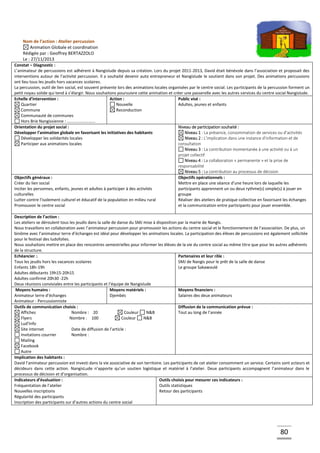 80
Nom de l’action : Atelier percussion
Animation Globale et coordination
Rédigée par : Geoffrey BERTAZZOLO
Le : 27/11/2013
Constat – Diagnostic :
L’animateur de percussions est adhérent à Nangislude depuis sa création. Lors du projet 2011-2013, David était bénévole dans l’association et proposait des
interventions autour de l’activité percussion. Il a souhaité devenir auto entrepreneur et Nangislude le soutient dans son projet. Des animations percussions
ont lieu tous les jeudis hors vacances scolaires.
La percussion, outil de lien social, est souvent présente lors des animations locales organisées par le centre social. Les participants de la percussion forment un
petit noyau solide qui tend à s’élargir. Nous souhaitons poursuivre cette animation et créer une passerelle avec les autres services du centre social Nangislude.
Echelle d’intervention :
Quartier
Commune
Communauté de communes
Hors Brie Nangissienne : ………………………
Action :
Nouvelle
Reconduction
Public visé :
Adultes, jeunes et enfants
Orientation du projet social :
Développer l’animation globale en favorisant les initiatives des habitants
Développer les solidarités locales
Participer aux animations locales
Niveau de participation souhaité :
Niveau 1 : La présence, consommation de services ou d’activités
Niveau 2 : L’implication dans une instance d’information et de
consultation
Niveau 3 : La contribution momentanée à une activité ou à un
projet collectif
Niveau 4 : La collaboration « permanente » et la prise de
responsabilité
Niveau 5 : La contribution au processus de décision
Objectifs généraux :
Créer du lien social
Inciter les personnes, enfants, jeunes et adultes à participer à des activités
culturelles
Lutter contre l’isolement culturel et éducatif de la population en milieu rural
Promouvoir le centre social
Objectifs opérationnels :
Mettre en place une séance d’une heure lors de laquelle les
participants apprennent un ou deux rythme(s) simple(s) à jouer en
groupe
Réaliser des ateliers de pratique collective en favorisant les échanges
et la communication entre participants pour jouer ensemble.
Description de l’action :
Les ateliers se déroulent tous les jeudis dans la salle de danse du SMJ mise à disposition par la mairie de Nangis.
Nous travaillons en collaboration avec l’animateur percussion pour promouvoir les actions du centre social et le fonctionnement de l’association. De plus, un
binôme avec l’animateur terre d’échanges est idéal pour développer les animations locales. La participation des élèves de percussions est également sollicitée
pour le festival des ludofolies.
Nous souhaitons mettre en place des rencontres semestrielles pour informer les élèves de la vie du centre social au même titre que pour les autres adhérents
de la structure.
Echéancier :.
Tous les jeudis hors les vacances scolaires
Enfants 18h-19h
Adultes débutants 19h15-20h15
Adultes confirmé 20h30 -22h
Deux réunions conviviales entre les participants et l’équipe de Nangislude
Partenaires et leur rôle :
SMJ de Nangis pour le prêt de la salle de danse
Le groupe Sakawoulé
Moyens humains :
Animateur terre d’échanges
Animateur - Percussionniste
Moyens matériels :
Djembés
Moyens financiers :
Salaires des deux animateurs
Outils de communication choisis :
Affiches Nombre : 20 Couleur N&B
Flyers Nombre : 100 Couleur N&B
Lud’Info
Site internet Date de diffusion de l’article :
Invitations courrier Nombre :
Mailing
Facebook
Autre
Diffusion de la communication prévue :
Tout au long de l’année
Implication des habitants :
David l’animateur percussion est investi dans la vie associative de son territoire. Les participants de cet atelier consomment un service. Certains sont acteurs et
décideurs dans cette action. NangisLude n’apporte qu’un soutien logistique et matériel à l’atelier. Deux participants accompagnent l’animateur dans le
processus de décision et d’organisation.
Indicateurs d’évaluation :
Fréquentation de l’atelier
Nouvelles inscriptions
Régularité des participants
Inscription des participants sur d’autres actions du centre social
Outils choisis pour mesurer ces indicateurs :
Outils statistiques
Retour des participants
 