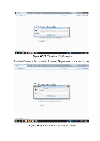 Figure III.23. L'interface Web de Nagios
L'authentification se fait en mettant le nom du Nagios server et son mot de passe
Figure III.24. Page d'Authentification de Nagios
 