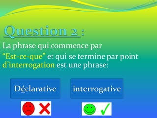 La phrase qui commence par
“Est-ce-que” et qui se termine par point
d’interrogation est une phrase:

Déclarative

interrogative

 