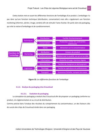 Projet Tuteuré : Les Chips de Légumes Biologique sans sel de Croustisud 31
Institut Universitaire de Technologie d'Avignon- Université d’Avignon et des Pays de Vaucluse
Cette citation met en avant les différentes fonctions de l’emballage d’un produit. L’emballage n’a
pas donc qu’une fonction technique (distribution, conservation) mais elle a également une fonction
marketing (informer, alerter, image, vendre) afin de stimuler l’acte d’achat. On parle alors de packaging,
qui relie la notion d’emballage et de conditionnement.
Figure 13. Les différentes fonctions de l’emballage
4.1.2. Analyse du packaging chez Croustisud
4.1.2.1. Evolution du packaging
La conception du packaging a évolué chez Croustisud afin de proposer un packaging conforme au
produit, à la règlementation et au circuit de distribution.
Comme précisé dans l’analyse des résultats du comportement du consommateur, un des facteurs clés
de succès des chips de Croustisud réside dans son packaging.
Fonctions de
l'emballage
Techniques
Distribution Facilité d'acheminement
Conservation
Protection contre les contraintes
extérieures
Marketing
Alerte Attraction sur le consommateur
Attribution Univers du produit
Positionnement Relation avec sa qualité, son prix et sa cible
Information Modalités d'usage, mentions légales
Logistique
Manutention Facilités de chargment et déchargment
Stockage Facilité les opérations de prélèvements
Transport Economie d'échelle, transport de masse
 