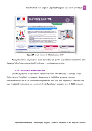 Projet Tuteuré : Les Chips de Légumes Biologique sans sel de Croustisud 36
Institut Universitaire de Technologie d'Avignon- Université d’Avignon et des Pays de Vaucluse
Nous présenterons les principaux outils disponibles tels que les suggestions d’implantation chez
Croustisud afin d’augmenter sa visibilité en France et au niveau international.
4.2.1. Méthode de Marketing en ligne
Croustisud présente un site internet bien élaboré et très attractif qui est sa principal source
d’informations. Toutefois, il est nécessaire d’augmenter la visibilité de la marque entre ses
consommateurs actuels et ses consommateurs potentiels. Pour cela, nous proposons la création d’une
page Facebook à l’exemple de son concurrent direct : Tyrrells qui regroupent près de 4.200 amateurs.
Figure 17. Le site internet de “Marketing pour PME”
 