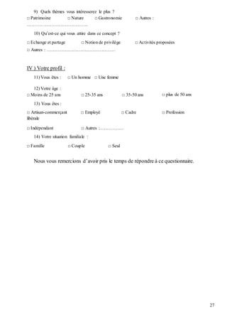 27
9) Quels thèmes vous intéresserez le plus ?
□ Patrimoine □ Nature □ Gastronomie □ Autres :
………………………………….
10) Qu’est-ce qui vous attire dans ce concept ?
□ Echange et partage □ Notion de privilège □ Activités proposées
□ Autres : ………………………………………
IV ) Votre profil :
11) Vous êtes : □ Un homme □ Une femme
12) Votre âge :
□ Moins de 25 ans □ 25-35 ans □ 35-50 ans
13) Vous êtes :
□ plus de 50 ans
□ Artisan-commerçant □ Employé □ Cadre
libérale
□ Indépendant □ Autres :…………….
14) Votre situation familiale :
□ Famille □ Couple □ Seul
□ Profession
Nous vous remercions d’avoir pris le temps de répondre à ce questionnaire.
 