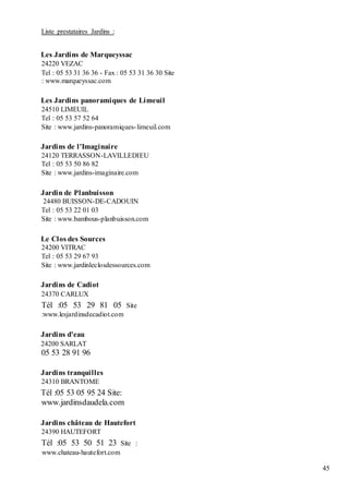 45
Liste prestataires Jardins :
Les Jardins de Marqueyssac
24220 VEZAC
Tel : 05 53 31 36 36 - Fax : 05 53 31 36 30 Site
: www.marqueyssac.com
Les Jardins panoramiques de Limeuil
24510 LIMEUIL
Tel : 05 53 57 52 64
Site : www.jardins-panoramiques-limeuil.com
Jardins de l'Imaginaire
24120 TERRASSON-LAVILLEDIEU
Tel : 05 53 50 86 82
Site : www.jardins-imaginaire.com
Jardin de Planbuisson
24480 BUISSON-DE-CADOUIN
Tel : 05 53 22 01 03
Site : www.bambous-planbuisson.com
Le Clos des Sources
24200 VITRAC
Tel : 05 53 29 67 93
Site : www.jardinleclosdessources.com
Jardins de Cadiot
24370 CARLUX
Tél :05 53 29 81 05 Site
:www.lesjardinsdecadiot.com
Jardins d'eau
24200 SARLAT
05 53 28 91 96
Jardins tranquilles
24310 BRANTOME
Tél :05 53 05 95 24 Site:
www.jardinsdaudela.com
Jardins château de Hautefort
24390 HAUTEFORT
Tél :05 53 50 51 23 Site :
www.chateau-hautefort.com
 